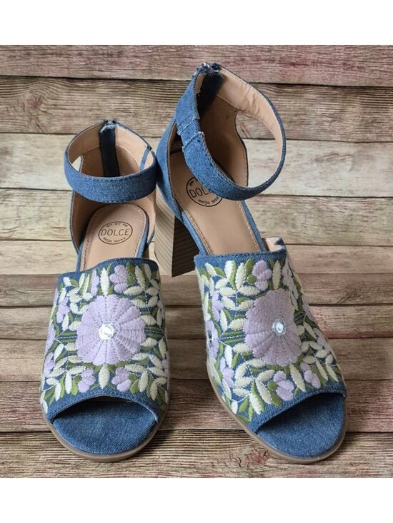 Dolce Shoes - Dolce Mojo Moxy Womens 10M Blue Denim Floral Embroidered Block Heel Sandals